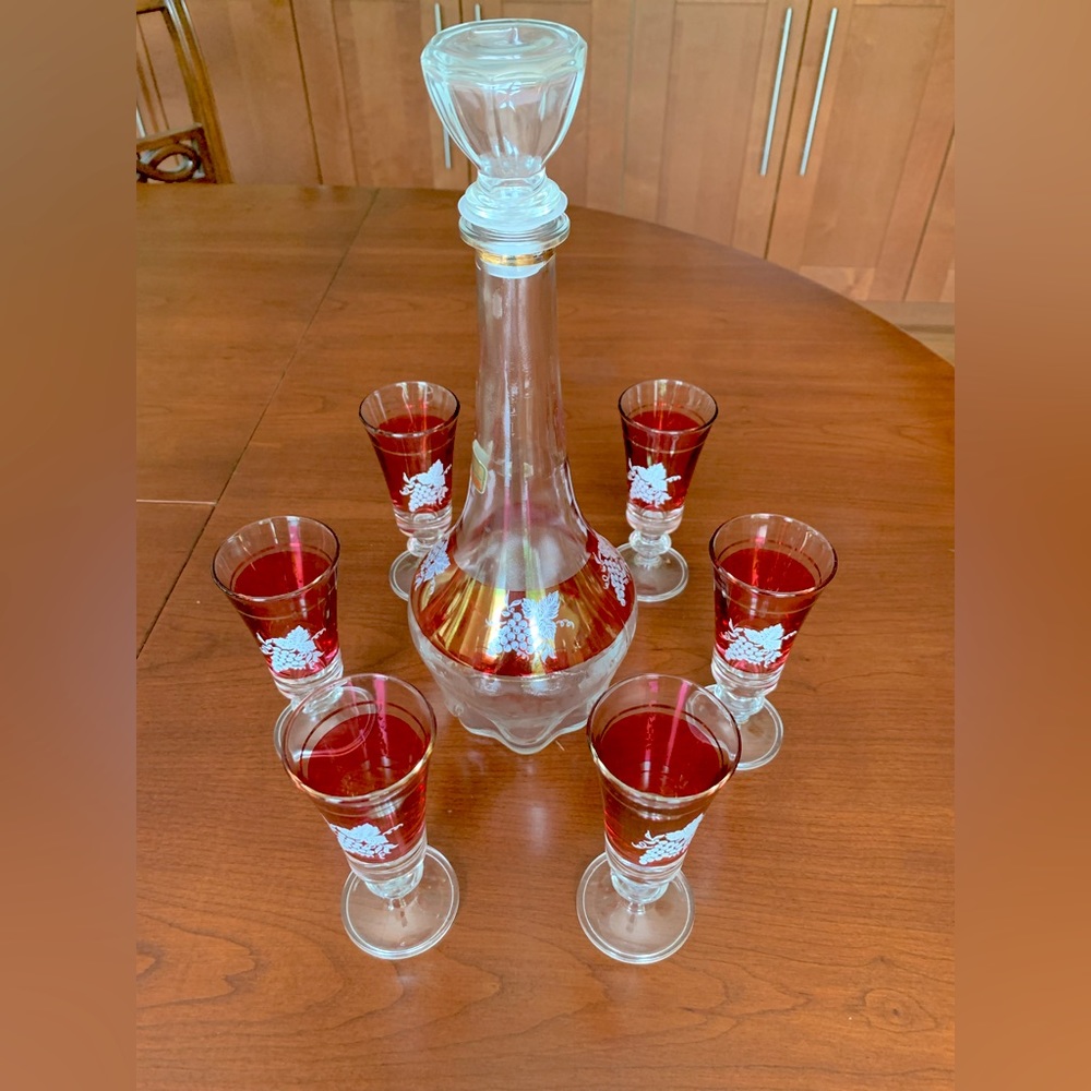 Ruby Red & clear glass cut tall decanter & 6 cordials shot glasses with legs